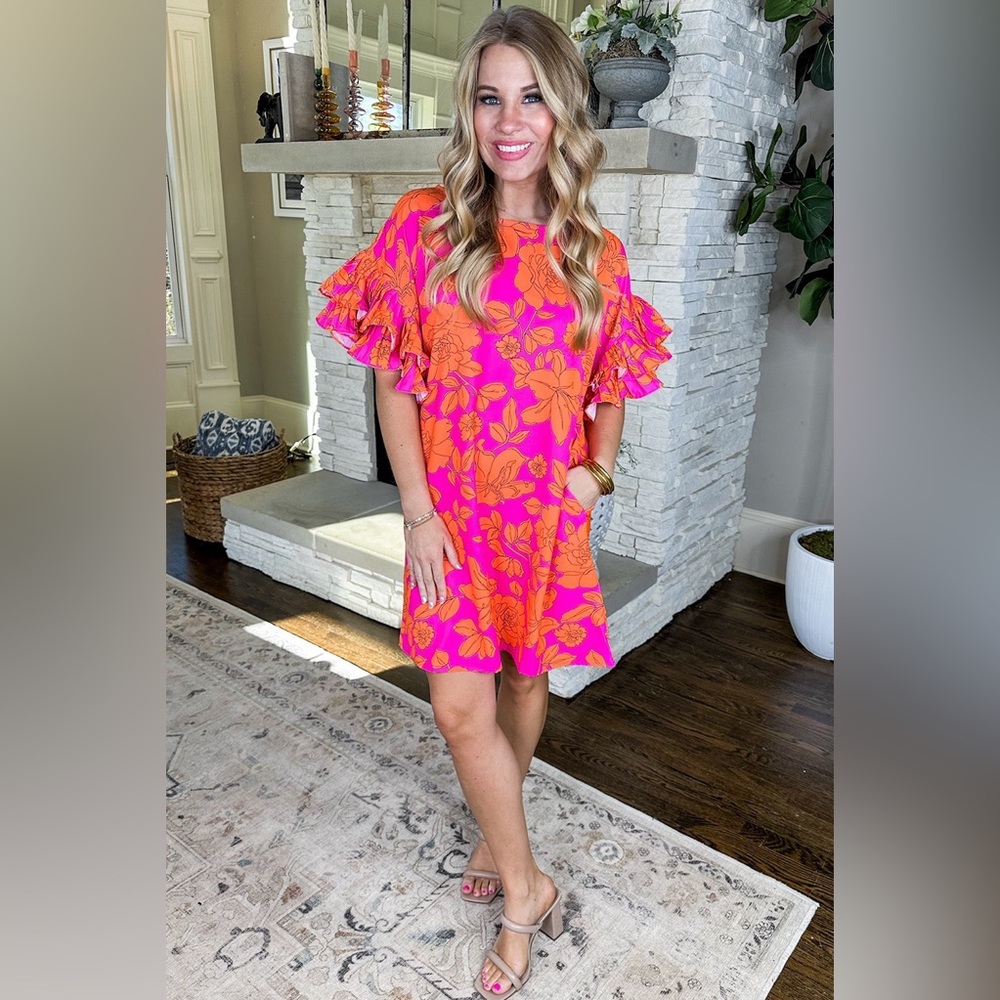 B0516: Pink Floral Sleeve Ruffle Dress